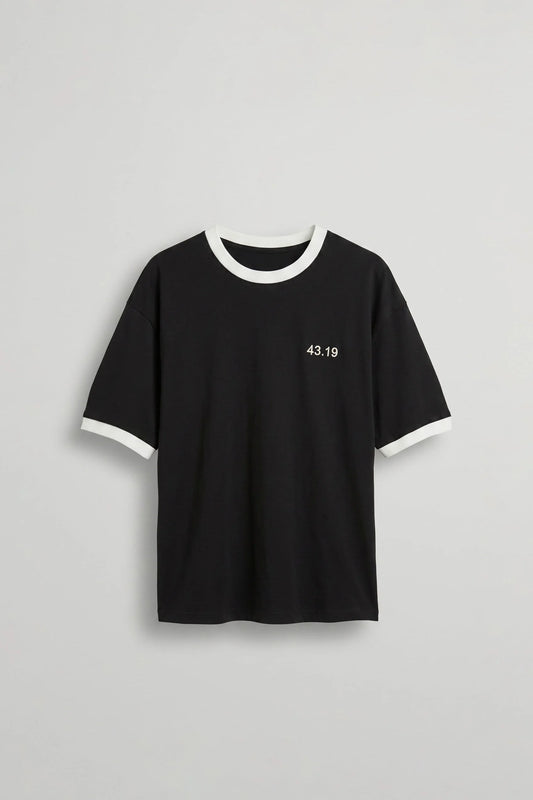 Men's Black Boxy Fit T-Shirt with Contrast Embroidery and Crew Neck