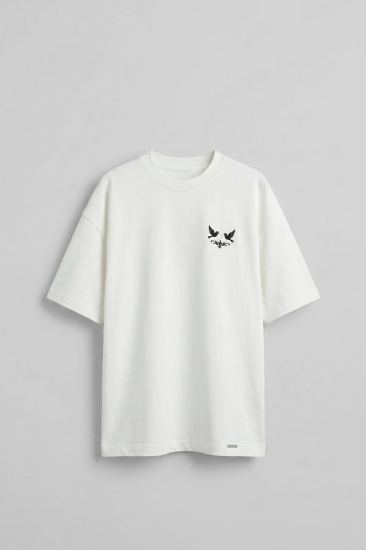 Men's Oversize Zipper Detailed Minimal Embroidered T-Shirt Ecru