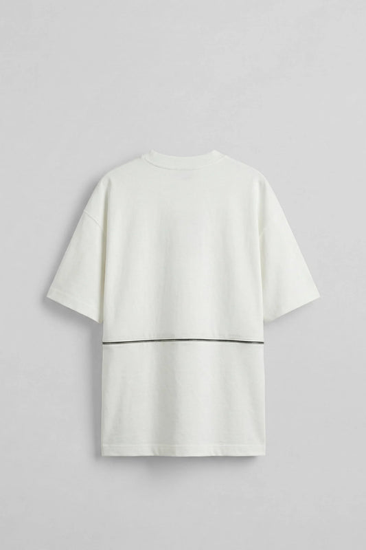 Men's Oversize Zipper Detailed Minimal Embroidered T-Shirt Ecru