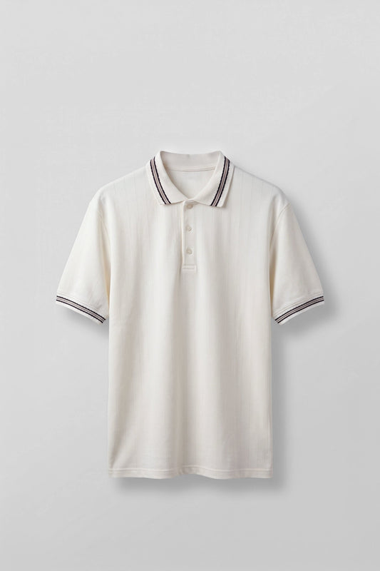 Men's Oversize Contrast Detailed Knitwear Polo Collar T-Shirt Ecru