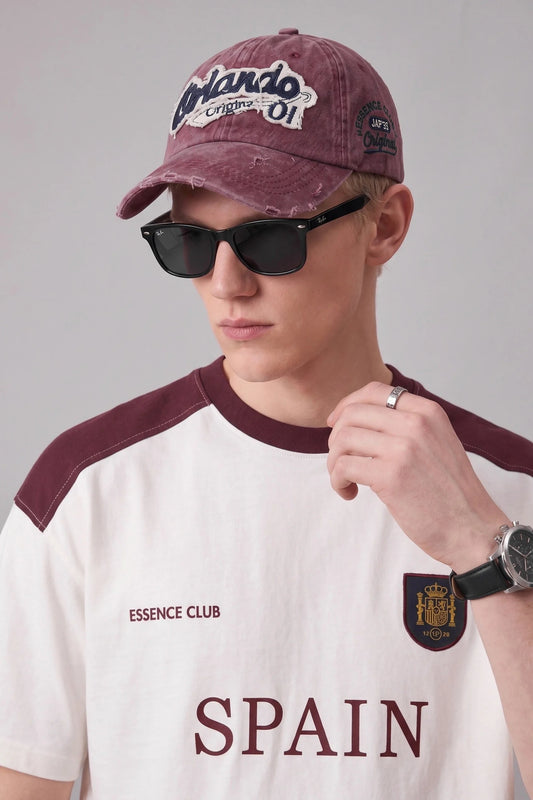 Men's Oversize Embroidered Country Themed Jersey T-Shirt Ecru/Burgundy